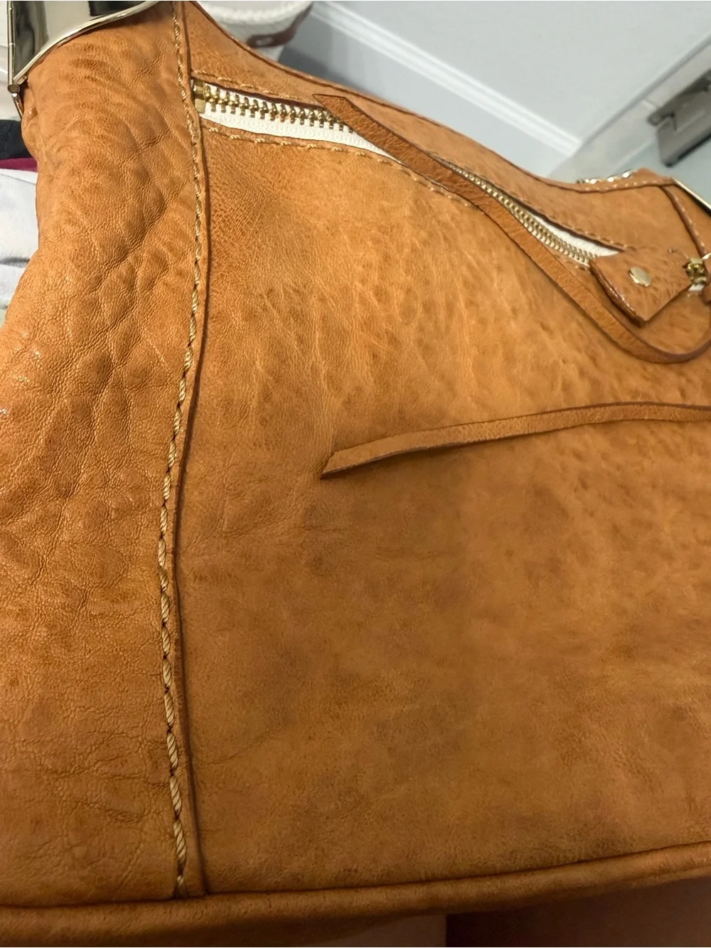 Tre Vero Cognac Brown Pebbled Leather Hobo Shoulder Bag Gold Chain Hardware